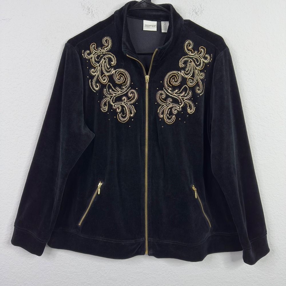 Zenergy by Chico's Jacket Womens 2/L Petite Black Velour Embellished Maximalist